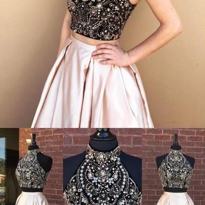 Two Pieces Beading A-line Prom Dresses,long Prom..