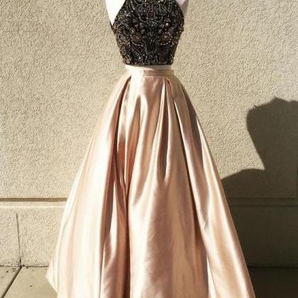 Two Pieces Beading A-line Prom Dresses,long Prom..