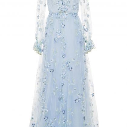 Charming Embroidered Tulle Prom Dress, V-Neck Long Sleeve Prom Dress on