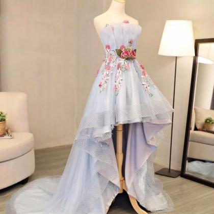 Skyblue tulle strapless high low fl..