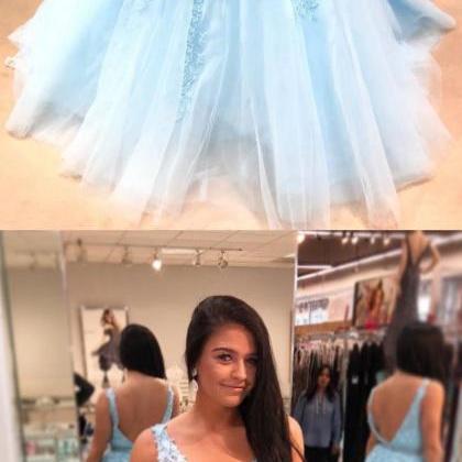 Sky Blue Prom Dress Long V-neck For Teens Lace Party Dress OP480 main image 1