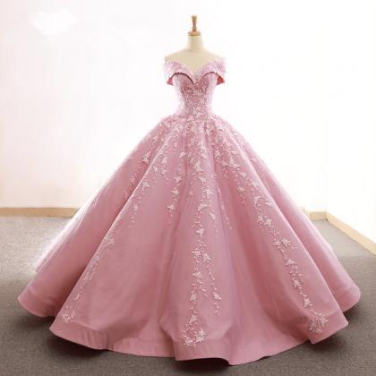 Charming Pink Applique Prom Dress,off The Shoulder..