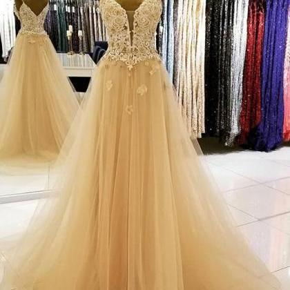 Champagne Tulle Lace Long Prom Dress, Lace Evening..