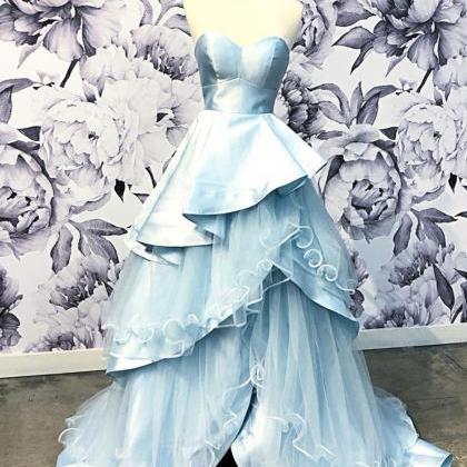 Baby Blue Satin Strapless Layered Long Sweet 16..