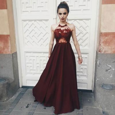 Opening Back Sexy Prom Dresses Dark Red Illusion Bodice Halter Long Party Gowns A line Evening Prom Dress Custom Made