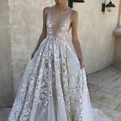 A-Line Deep V-Neck Prom Dress,Sweep Train Ivory Evening Dress,Tulle Prom Dress with Appliques,Deep V-Neck Prom Gown