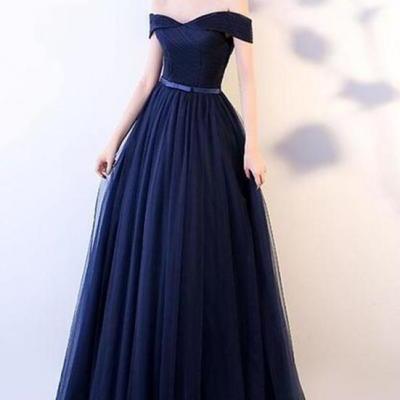 Charming Royal Blue Long Prom Dress,Off Shoulder Party Dress,Floor Length Tulle Evening Dress,Lace Up Prom Gown