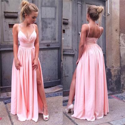 Cute Pink Chiffon Prom Dress,Halter Sleeveless Bridesmaid Dress,High Slit Sexy Prom Party Gown
