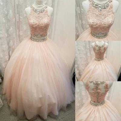 Cute Light Pink Tulle Lace Prom Dress,2 Pieces Sleeveless Beaded Ball Gown,Round Neck Rhinestone Crystals Party Evening Dress,Sweet 16 Dress