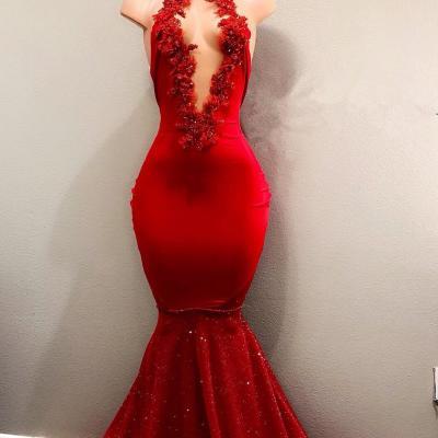 Sexy Red High Neck Mermaid Prom Dress | Prom Dress 2018