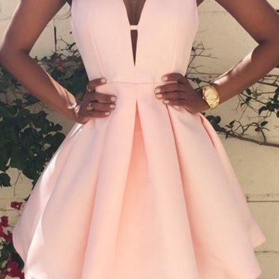 A-Line Deep V-Neck Pink Short Satin Homecoming Dress