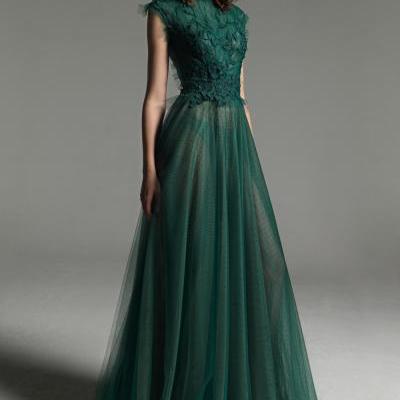 Charming Dark Green Tulle Prom Dress,Sleeveless Appliques Long Evening Dress,See Through Prom Gown