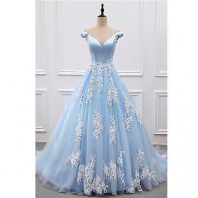 Ball Gown Off-the-Shoulder Court Train Blue Tulle Prom Dress