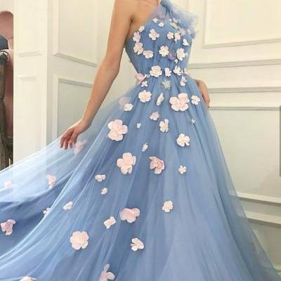 One Shoulder Tulle Prom Dress, Charming A-Line Applique Prom Dress