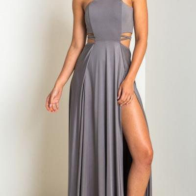 Sexy Grey Long Prom Dress,Halter Sleeveless Evening Dress,Sexy Side Slit Prom Gown