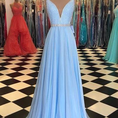 Light Blue Prom Dress,Chiffon Prom Dress,Mermaid Prom Dress,V Neck Prom Dress,A-Line Prom Dress with Beaded Bodice,Long V-Neck Chiffon Evening Dress