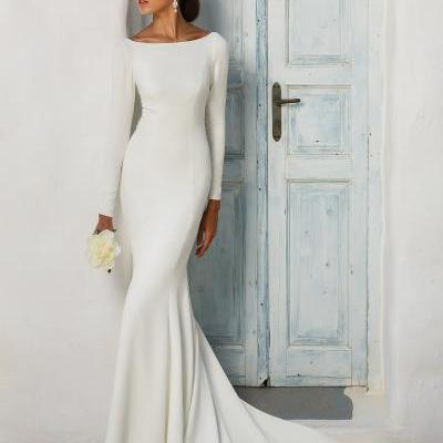 Bateau White Satin Mermaid Wedding Dress with Long Sleeves and Open Back