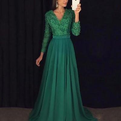Beautiful A-line V-neck Chiffon Sweep Train Appliques Lace Long Sleeve Prom Dresses