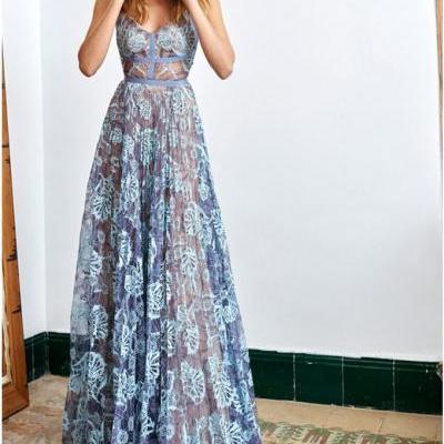 2018 Blue Lace Sexy Popular Prom Dresses, Fashion Party Dress, Spaghetti Straps Prom Dress