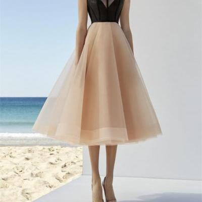 Sexy A-Line Tulle Prom Dress,Sleeveless Tea Length Homecoming Dress