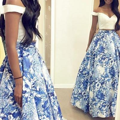 modest 2 pieces blue floral prom party dresses , fashion off shoulder formal evening gowns