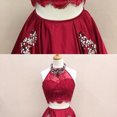 Two Piece Jewel Dark Red Satin Prom Dress with Pockets Beading