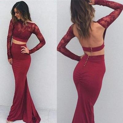 Long Sleeves Burgundy Lace 2 Piece Backless Mermaid Evening Prom Dress 