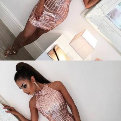 Sexy Halter Sleeveless Open Back Tight Short Rose Gold Homecoming Dress with Sequins