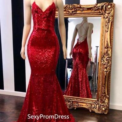 Charming Red Sequin V-neck Spaghetti Straps Open Back Trumpet Prom Gown