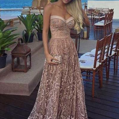 Unique Lace Strapless Long Prom Dress,Sweetheart Floor Length Evening Dress,Beaded Prom Gown