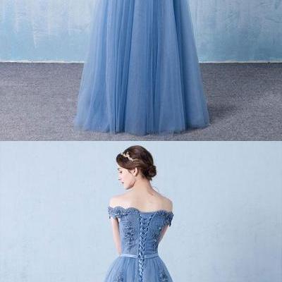 Custom Made Gorgeous Blue Tulle Appliques Beaded Prom Dresses,Off The Shoulder Floor Length Prom Dresses,Evening Party Dresses