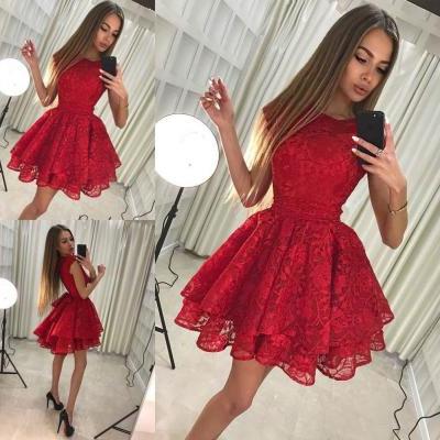 A-Line Round Neck Short Red Lace Tiered Homecoming Dress with Bowknot