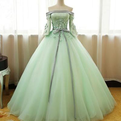 Mint Green Off the Shoulder Prom Dresses,Applique Chiffon Evening Ball Gown