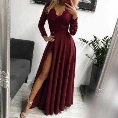 Burgundy Lace Long Sleeves Chiffon Prom Dress,Side Slit Dark Red Evening Formal Gown