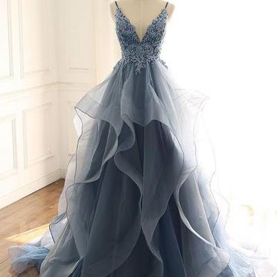 Custom made v neck lace long prom dress,blue tulle evening dress with applique