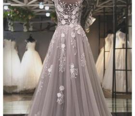 Tulle with Lace Appliqued Long Dresses Grape
