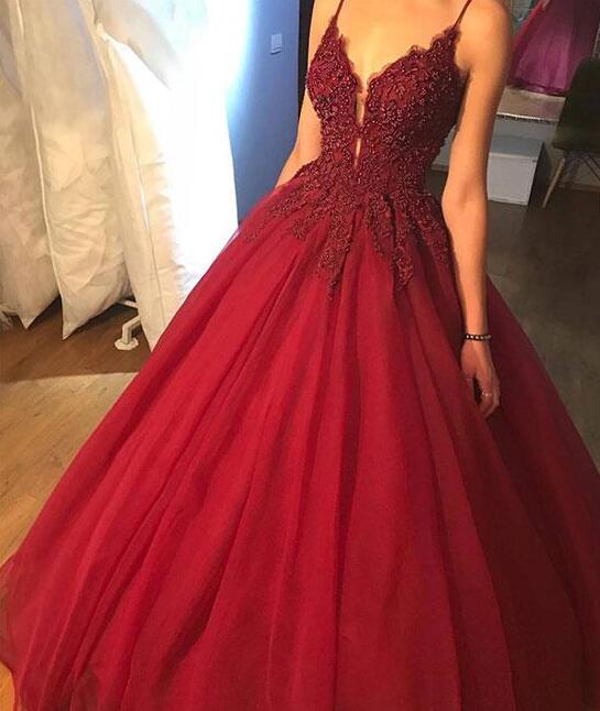 Spaghetti Straps Ball Gown Prom Dress,Burgundy Prom Dress,Beading Party ...