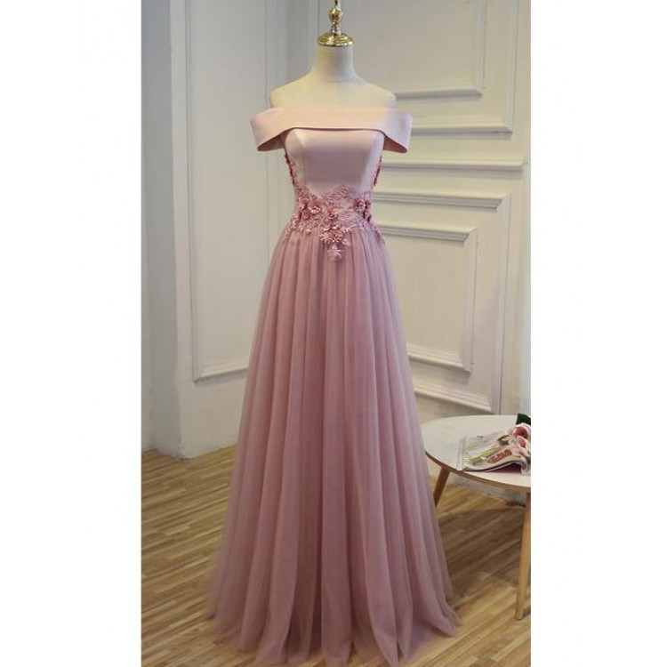 Custom Made Long Prom Evening Dress Fine Pink Prom Dresses With Tulle Off-the-shoulder Lace Up Sequin Dresses