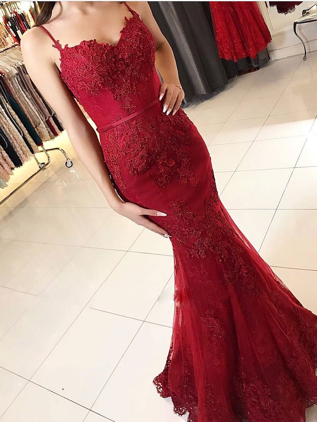 fishtail red prom dress