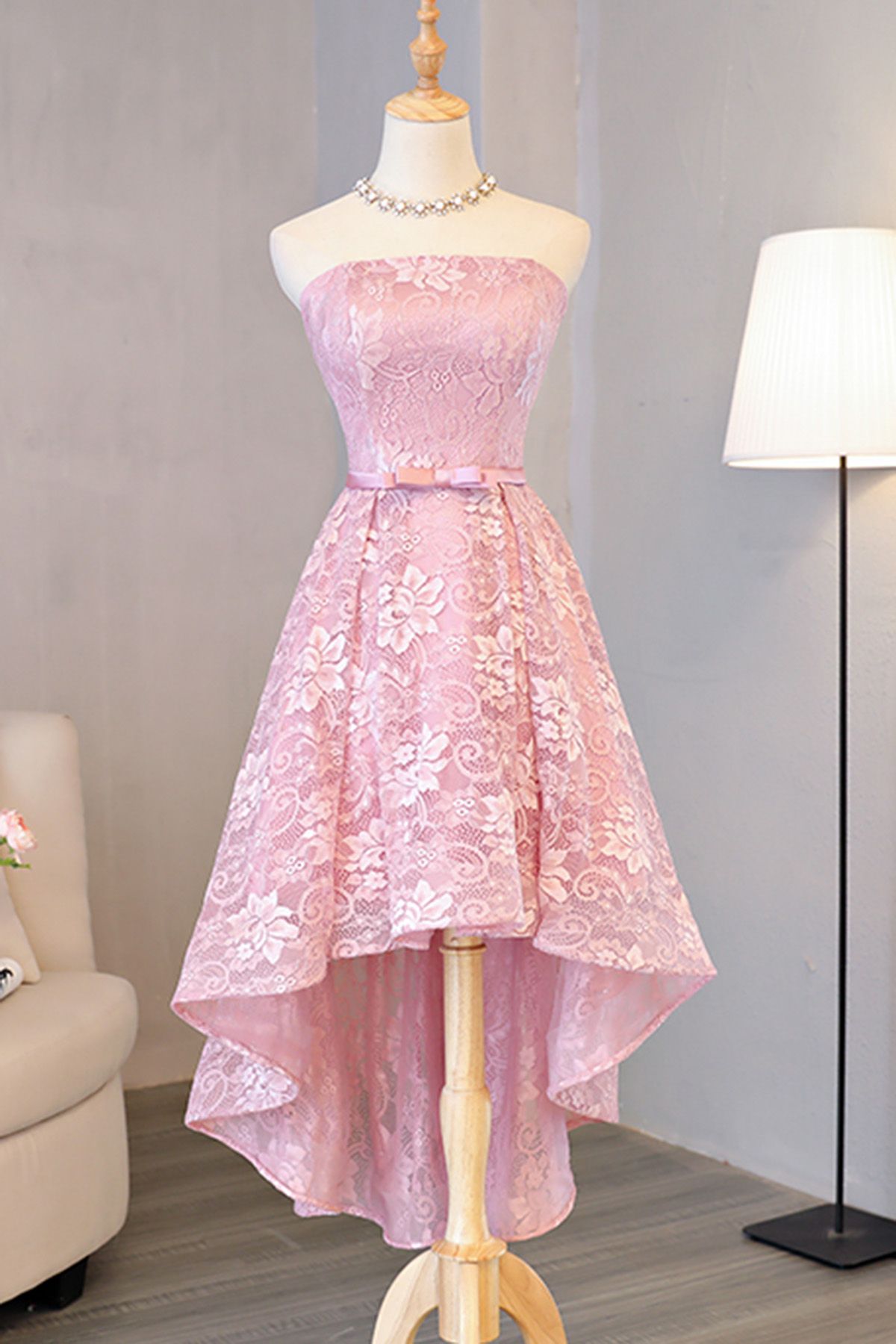 Customized A-line/princess Party Prom Dresses Short Pink Dresses With Lace Up Bowknot High-low Comely Homecoming Dresses