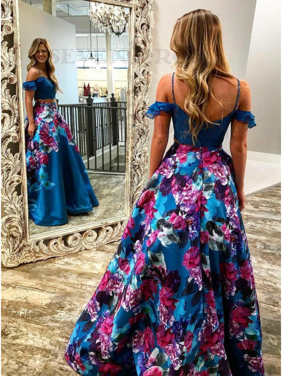 Two Piece Spaghetti Straps Cold Shoulder Royal Blue Floral Prom Dress