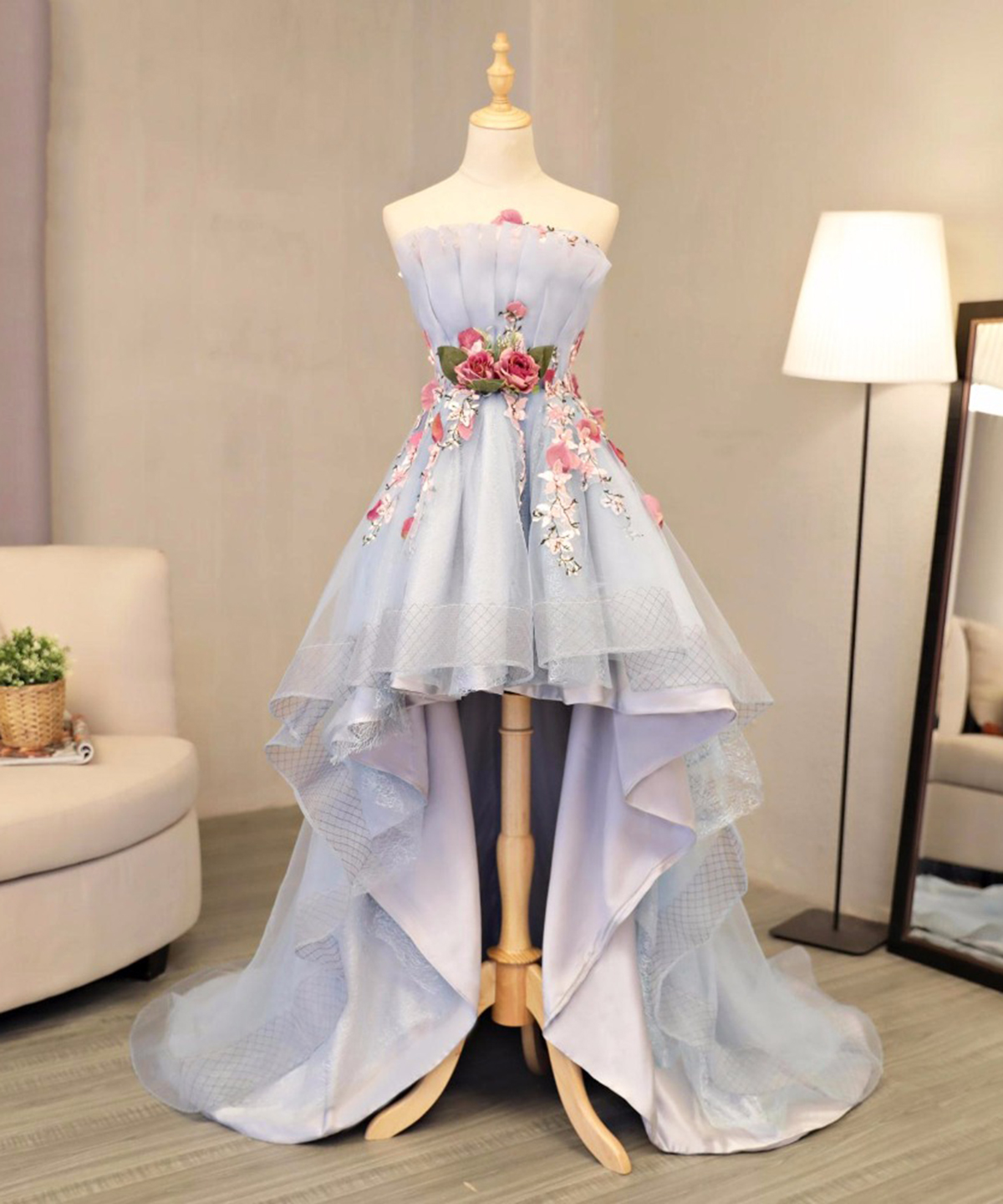 Skyblue tulle strapless high low flower appliques homecoming dress, party dress