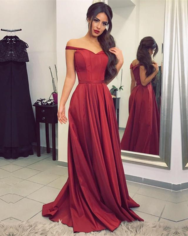 Sexy V-neck Long Satin Off-the-shoulder Prom Dresses 2018 on Luulla