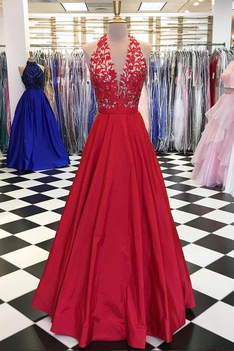 Red V Neck Lace Applique Long Prom Dress Red Evening Dress On Luulla 9294