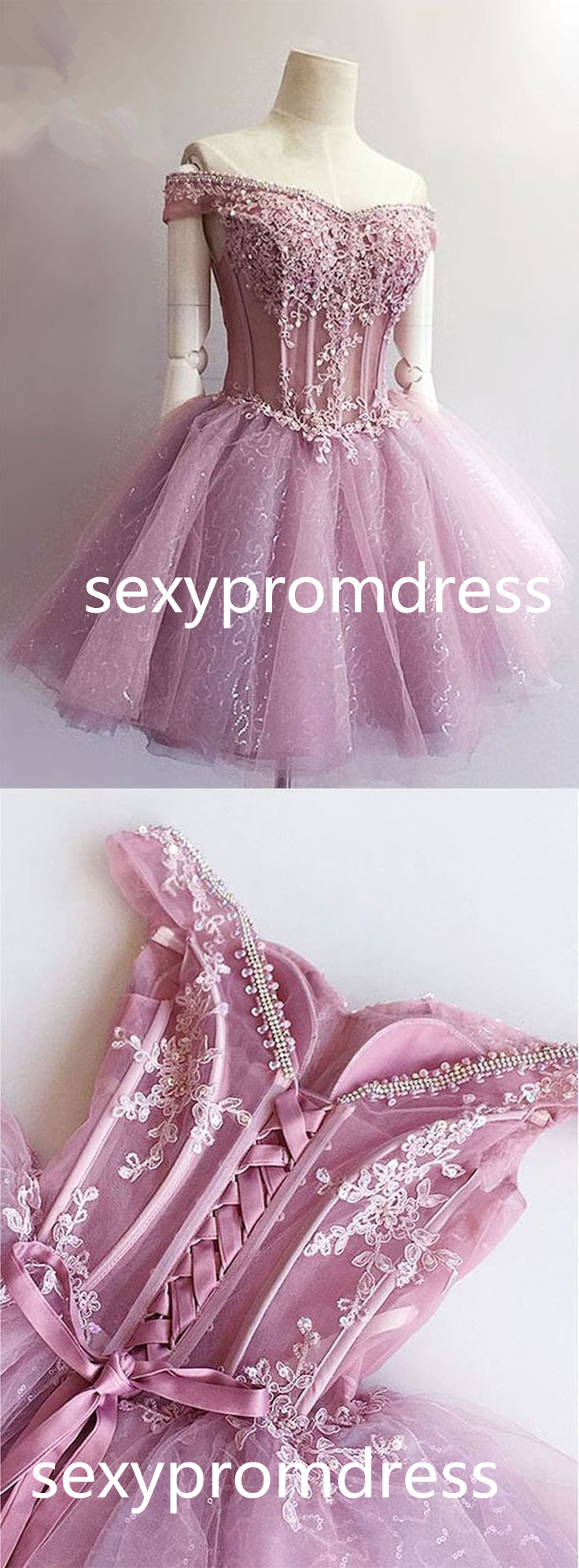 Short Mini Party Dresses, Lilac Mini Party Dresses, Mini Short Party Dresses, 2017 Homecoming Dress Off-the-shoulder Lace-up Short Prom Dress