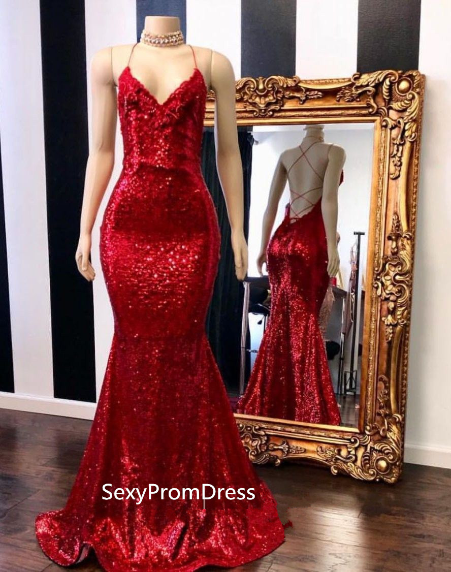 Red Sequin Straps Open Back A-line Prom Dress