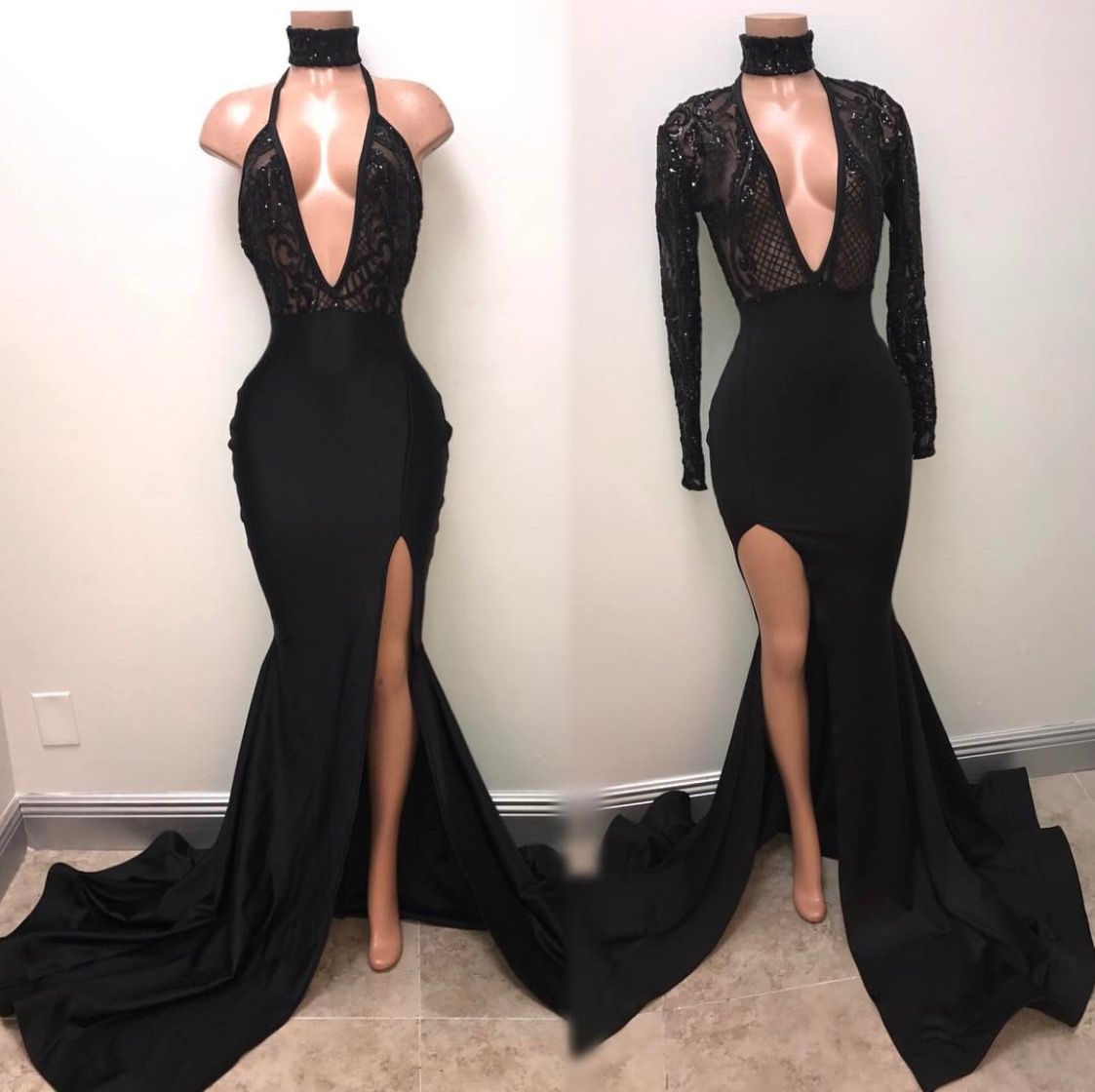 Nights of Lust Black Turtleneck Thigh Split Embellished Party Dress