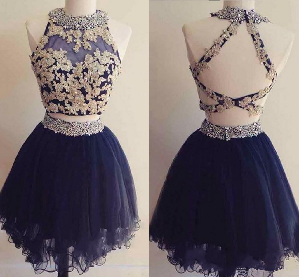 Cute Navy Homecoming Dress, Short Prom Dresses, Beading Party Gowns, Open Back Cocktail dress, Two Piece Prom Dresses 