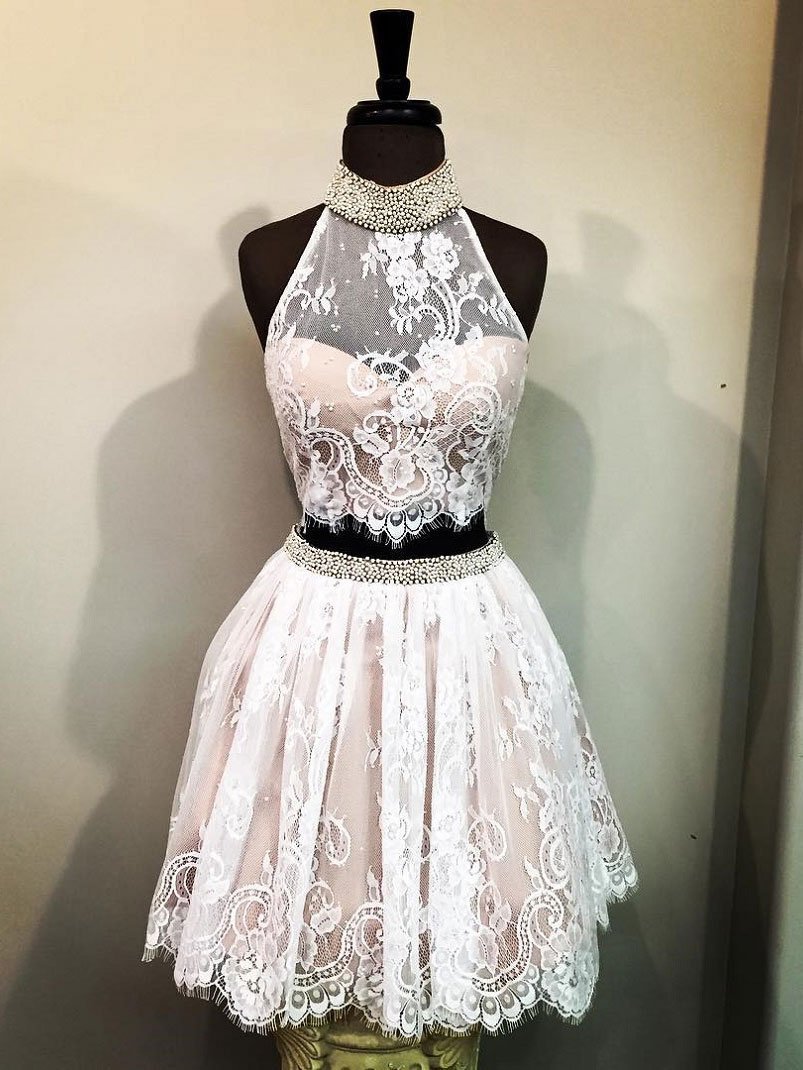 Two Piece  Mini/Short Pink Lace Homecoming Dress main image 0