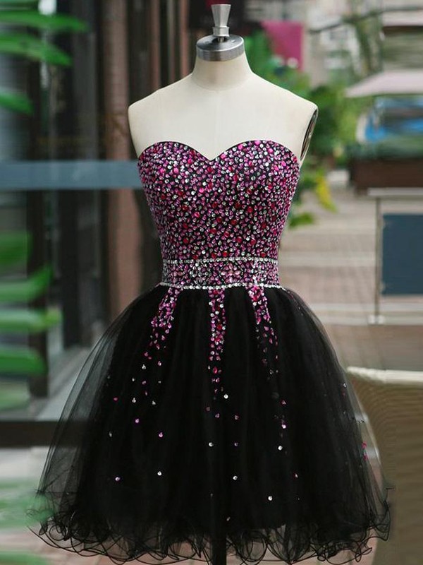 Luxury Beaded Black Tulle Homecoming Dresses,sweetheart Beading Sleeveless Graduation Party Dress